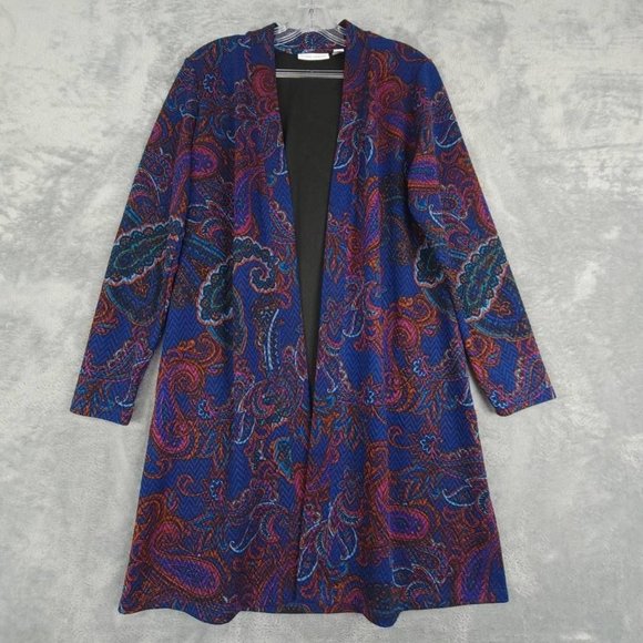 Susan Graver Womens Coat Open Front Purple‎ Blue Paisley Long Sleeves Midi S - Picture 1 of 8